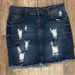 Wax Jean Distressed Denim Mini Skirt Medium Dark Wash Raw Hem Stretch